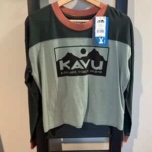 Kavu Two-Tone Logo Cropped Sweatshirt in Olive Green & Rust Trim